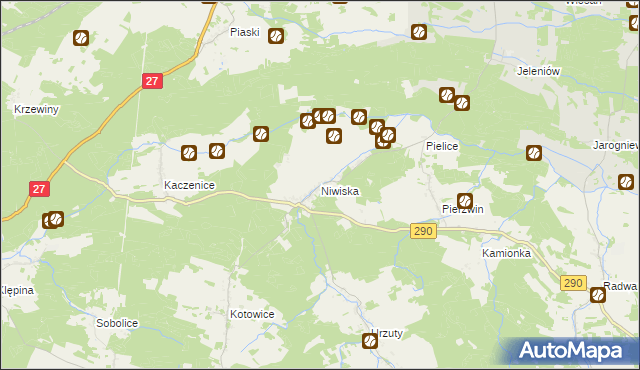 mapa Niwiska gmina Nowogród Bobrzański, Niwiska gmina Nowogród Bobrzański na mapie Targeo