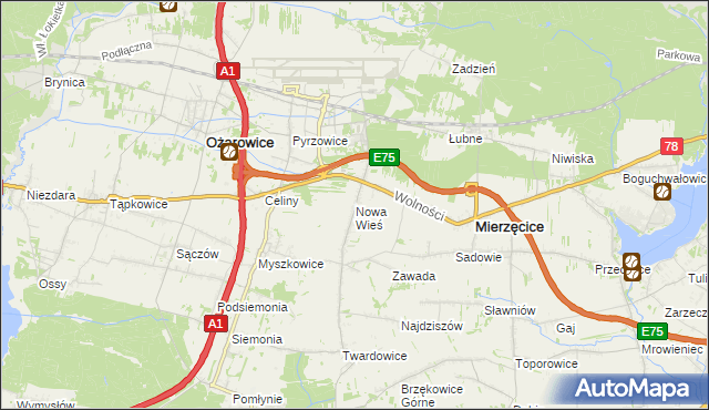 mapa Nowa Wieś gmina Mierzęcice, Nowa Wieś gmina Mierzęcice na mapie Targeo