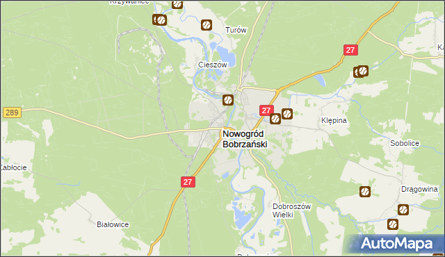 mapa Nowogród Bobrzański, Nowogród Bobrzański na mapie Targeo