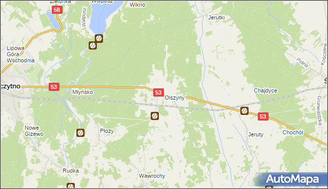 mapa Olszyny gmina Szczytno, Olszyny gmina Szczytno na mapie Targeo