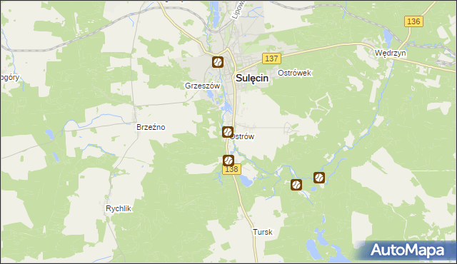 mapa Ostrów gmina Sulęcin, Ostrów gmina Sulęcin na mapie Targeo