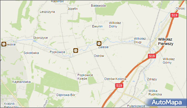 mapa Ostrów gmina Wilkołaz, Ostrów gmina Wilkołaz na mapie Targeo