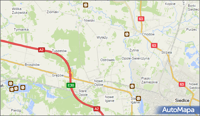 mapa Ostrówek gmina Siedlce, Ostrówek gmina Siedlce na mapie Targeo