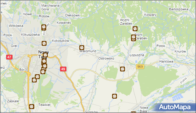 mapa Ostrowsko gmina Nowy Targ, Ostrowsko gmina Nowy Targ na mapie Targeo