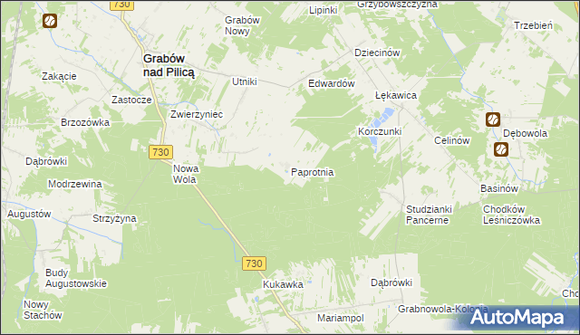 mapa Paprotnia gmina Grabów nad Pilicą, Paprotnia gmina Grabów nad Pilicą na mapie Targeo