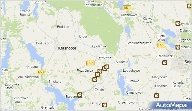 mapa Pawłówka gmina Krasnopol, Pawłówka gmina Krasnopol na mapie Targeo