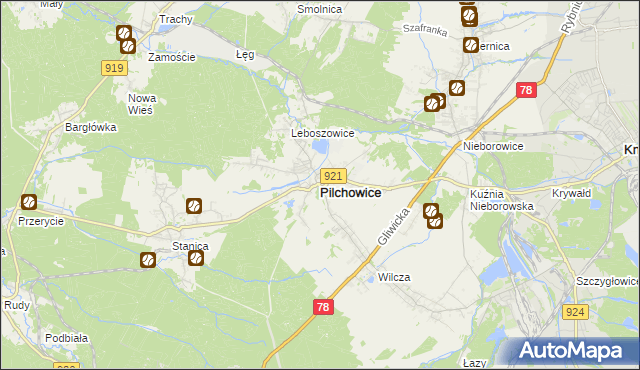 mapa Pilchowice powiat gliwicki, Pilchowice powiat gliwicki na mapie Targeo