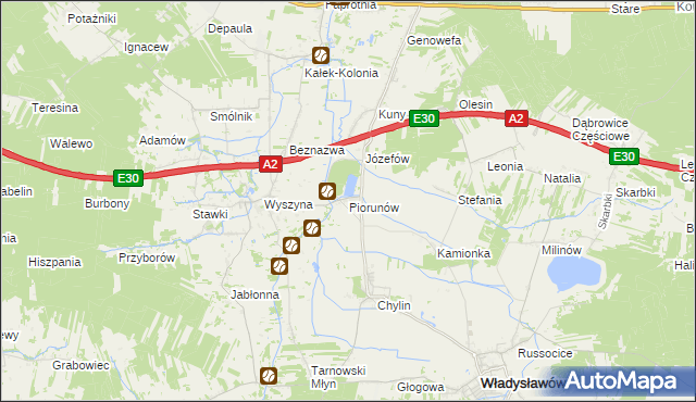 mapa Piorunów gmina Władysławów, Piorunów gmina Władysławów na mapie Targeo