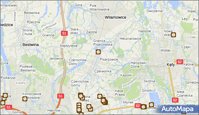 mapa Pisarzowice gmina Wilamowice, Pisarzowice gmina Wilamowice na mapie Targeo