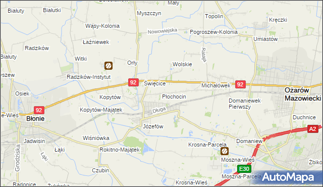 mapa Płochocin gmina Ożarów Mazowiecki, Płochocin gmina Ożarów Mazowiecki na mapie Targeo