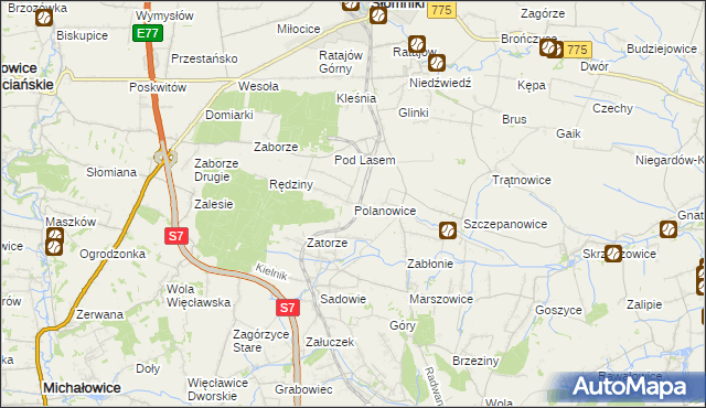 mapa Polanowice gmina Słomniki, Polanowice gmina Słomniki na mapie Targeo