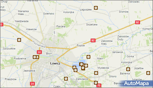 mapa Popów gmina Łowicz, Popów gmina Łowicz na mapie Targeo