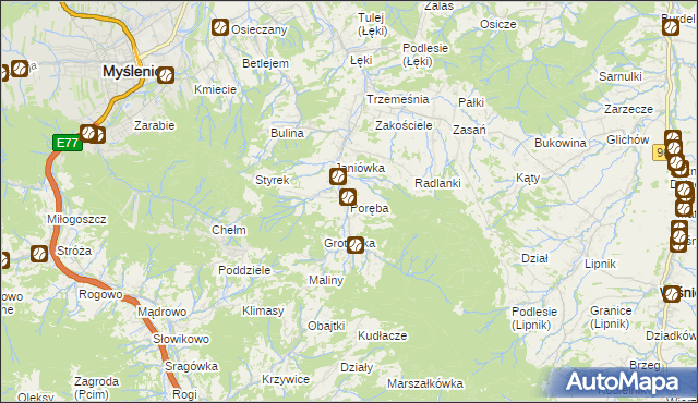 mapa Poręba gmina Myślenice, Poręba gmina Myślenice na mapie Targeo