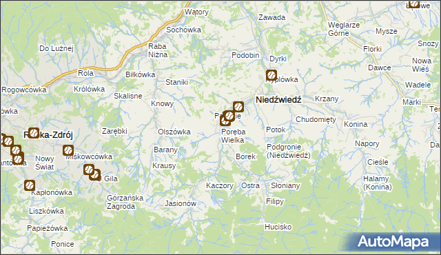 mapa Poręba Wielka gmina Niedźwiedź, Poręba Wielka gmina Niedźwiedź na mapie Targeo