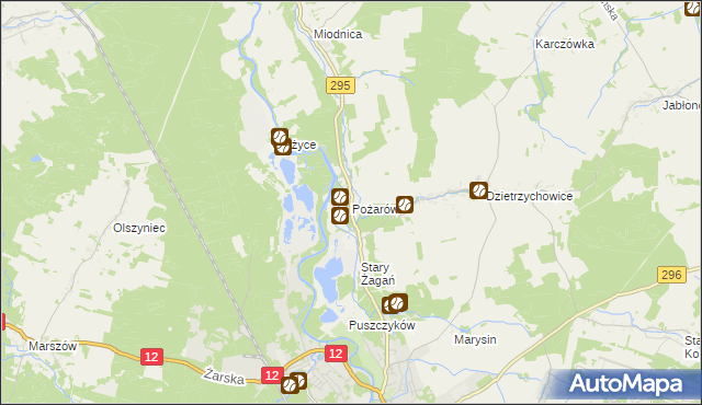mapa Pożarów gmina Żagań, Pożarów gmina Żagań na mapie Targeo