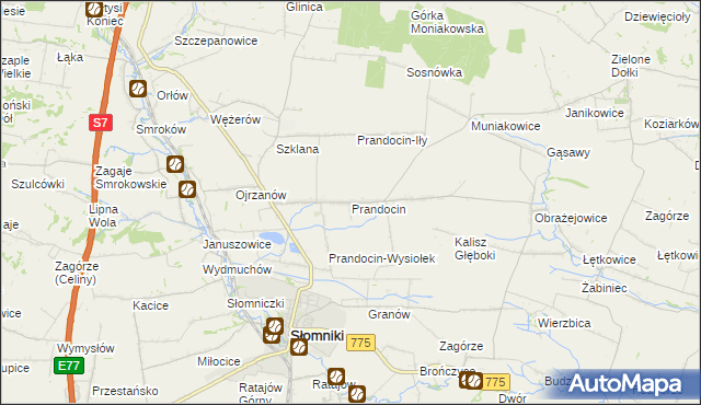 mapa Prandocin gmina Słomniki, Prandocin gmina Słomniki na mapie Targeo