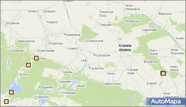 mapa Przybyszów gmina Kobiele Wielkie, Przybyszów gmina Kobiele Wielkie na mapie Targeo