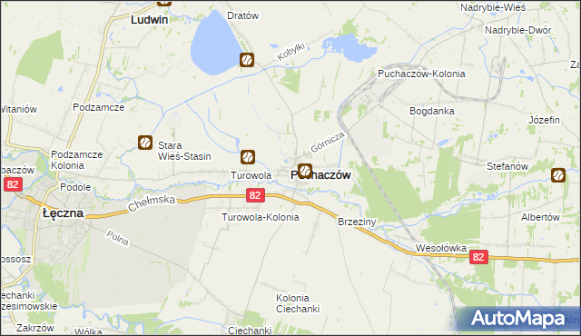 mapa Puchaczów powiat łęczyński, Puchaczów powiat łęczyński na mapie Targeo