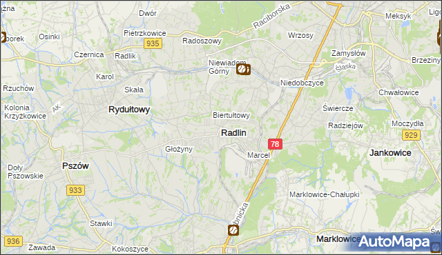 mapa Radlin powiat wodzisławski, Radlin powiat wodzisławski na mapie Targeo