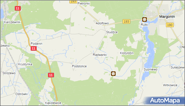 mapa Radwanki gmina Margonin, Radwanki gmina Margonin na mapie Targeo