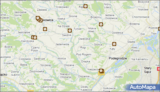 mapa Rogi gmina Podegrodzie, Rogi gmina Podegrodzie na mapie Targeo
