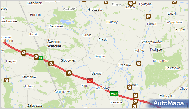 mapa Rogów gmina Świnice Warckie, Rogów gmina Świnice Warckie na mapie Targeo