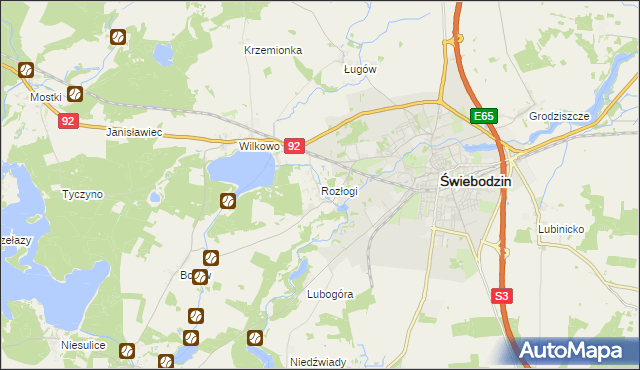 mapa Rozłogi gmina Świebodzin, Rozłogi gmina Świebodzin na mapie Targeo