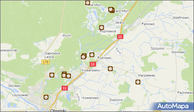 mapa Rożnowo gmina Oborniki, Rożnowo gmina Oborniki na mapie Targeo