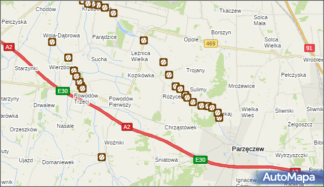 mapa Różyce gmina Parzęczew, Różyce gmina Parzęczew na mapie Targeo