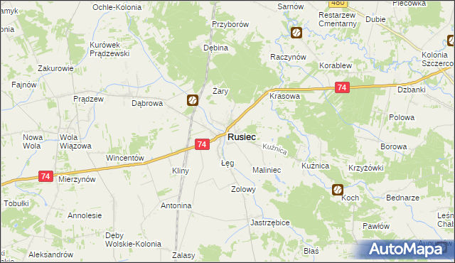 mapa Rusiec powiat bełchatowski, Rusiec powiat bełchatowski na mapie Targeo