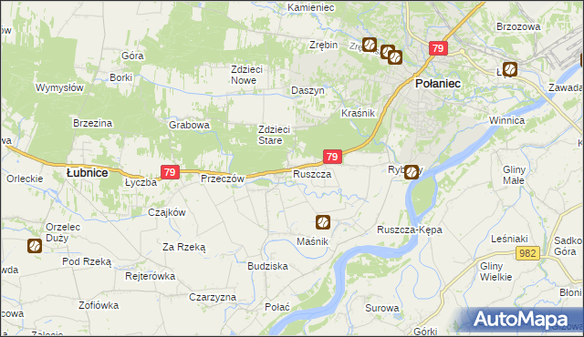 mapa Ruszcza gmina Połaniec, Ruszcza gmina Połaniec na mapie Targeo