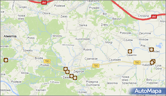 mapa Rybna gmina Czernichów, Rybna gmina Czernichów na mapie Targeo
