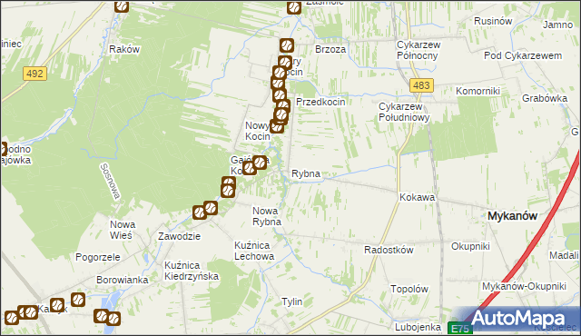 mapa Rybna gmina Mykanów, Rybna gmina Mykanów na mapie Targeo