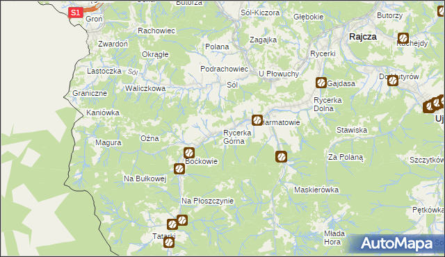 mapa Rycerka Górna, Rycerka Górna na mapie Targeo