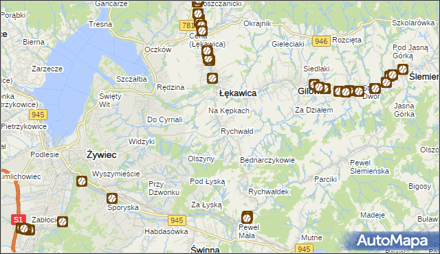 mapa Rychwałd gmina Gilowice, Rychwałd gmina Gilowice na mapie Targeo