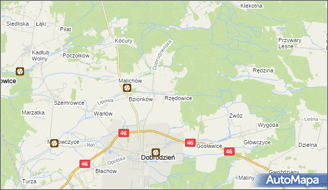 mapa Rzędowice gmina Dobrodzień, Rzędowice gmina Dobrodzień na mapie Targeo