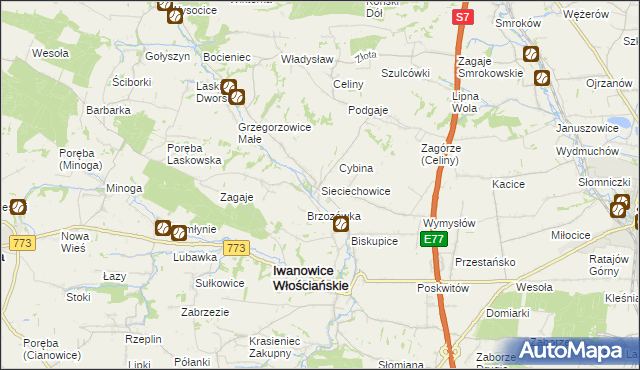 mapa Sieciechowice gmina Iwanowice, Sieciechowice gmina Iwanowice na mapie Targeo