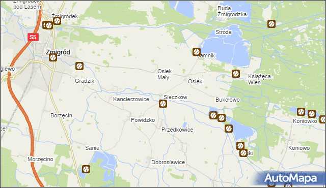 mapa Sieczków gmina Żmigród, Sieczków gmina Żmigród na mapie Targeo