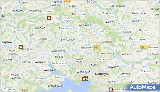 mapa Sieraków gmina Dobczyce, Sieraków gmina Dobczyce na mapie Targeo