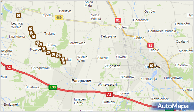 mapa Śliwniki gmina Parzęczew, Śliwniki gmina Parzęczew na mapie Targeo