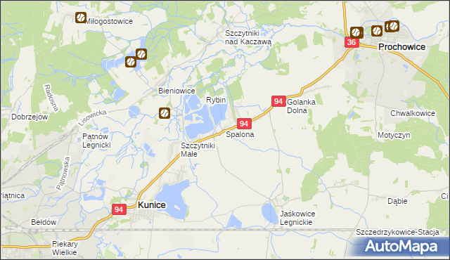 mapa Spalona gmina Kunice, Spalona gmina Kunice na mapie Targeo