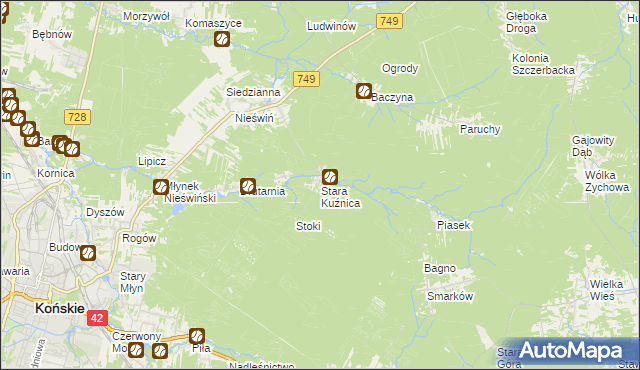 mapa Stara Kuźnica gmina Końskie, Stara Kuźnica gmina Końskie na mapie Targeo