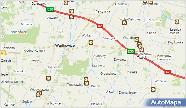 mapa Starzyny gmina Wartkowice, Starzyny gmina Wartkowice na mapie Targeo