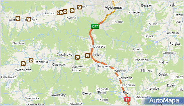 mapa Stróża gmina Pcim, Stróża gmina Pcim na mapie Targeo