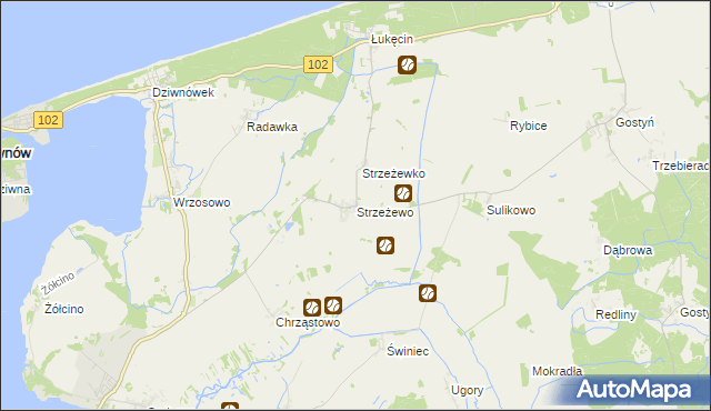 mapa Strzeżewo gmina Kamień Pomorski, Strzeżewo gmina Kamień Pomorski na mapie Targeo