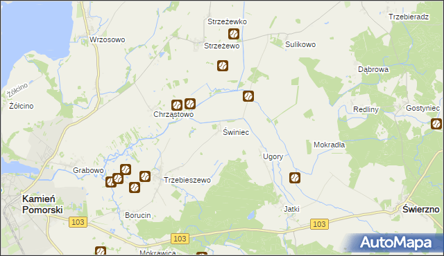 mapa Świniec gmina Kamień Pomorski, Świniec gmina Kamień Pomorski na mapie Targeo