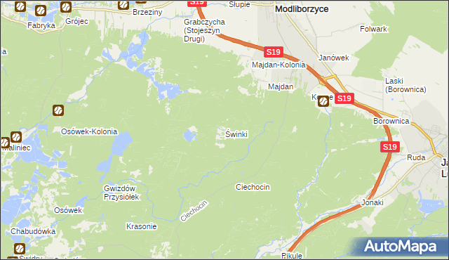 mapa Świnki gmina Modliborzyce, Świnki gmina Modliborzyce na mapie Targeo