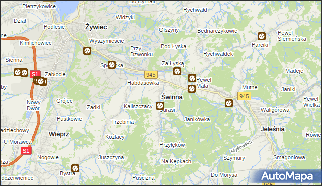 mapa Świnna powiat żywiecki, Świnna powiat żywiecki na mapie Targeo