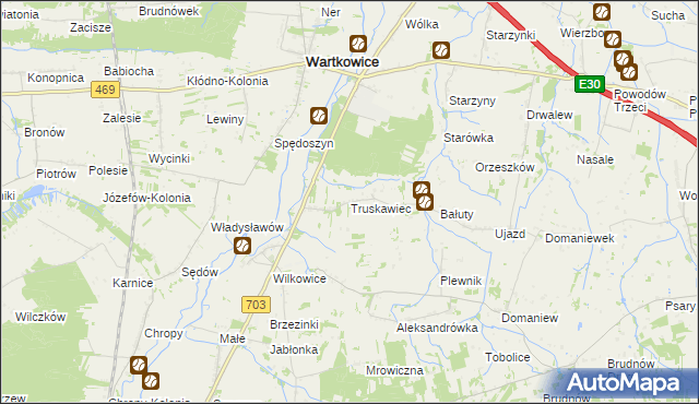 mapa Truskawiec gmina Wartkowice, Truskawiec gmina Wartkowice na mapie Targeo