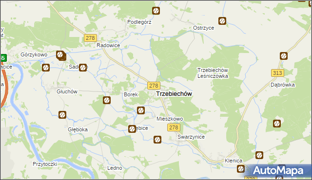 mapa Trzebiechów powiat zielonogórski, Trzebiechów powiat zielonogórski na mapie Targeo